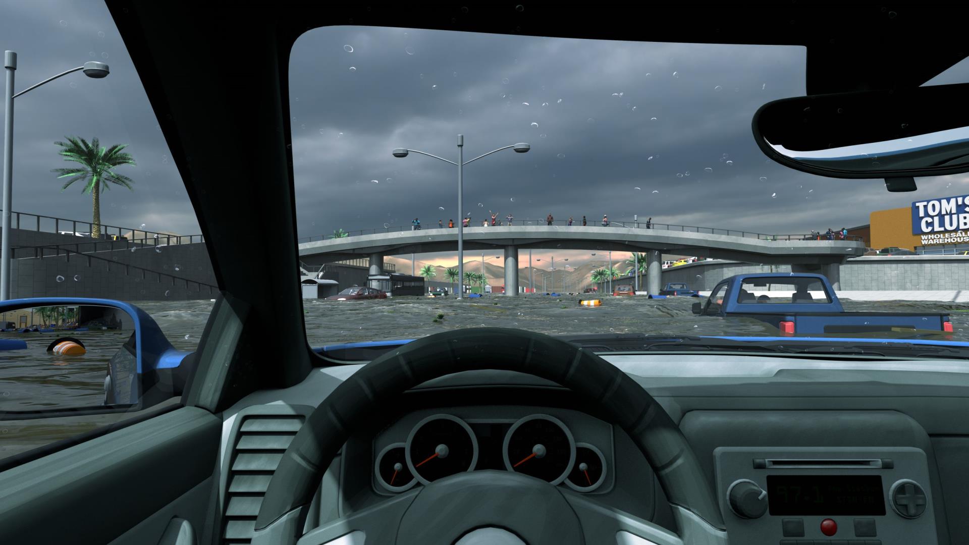 An virtual reality animation shows a car floating in floodwaters along the road.